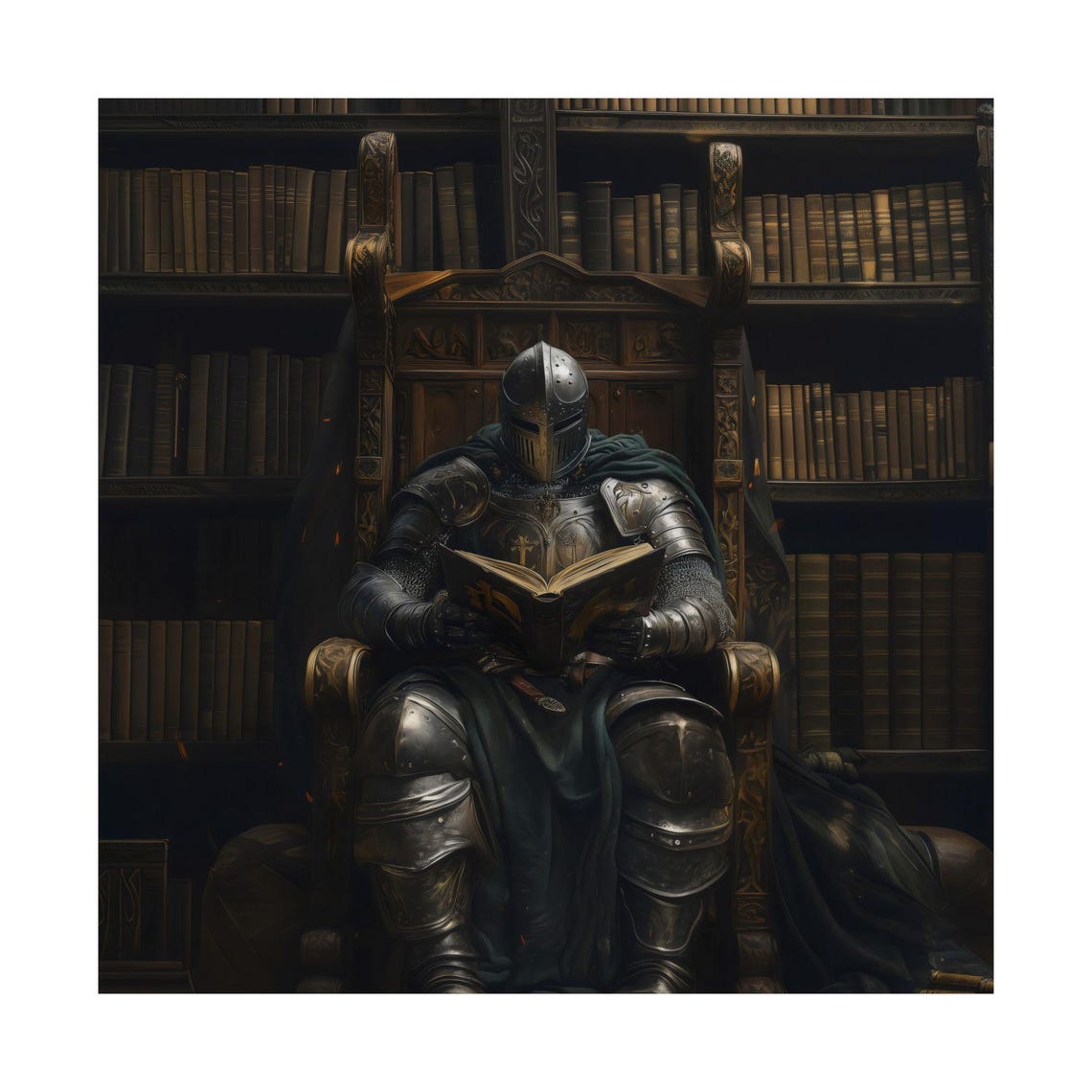 Silent Knight Reading In A Dark Old Library Moody Maximalist Wall Art - Image 3