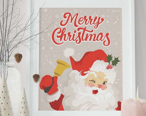 Retro Santa Claus Ringing Bell Merry Christmas Holiday Cheer Wall Art