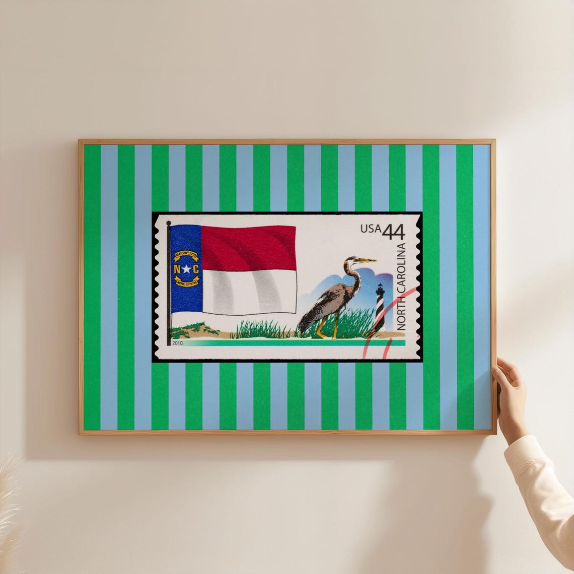 North Carolina 44 Cent Postage Stamp Flag Heron Retro Art Poster