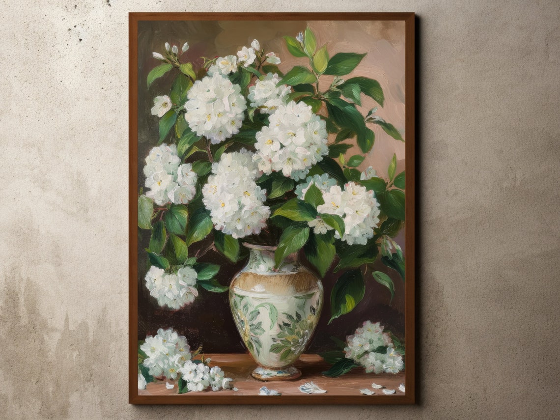 White Hydrangea Blossoms In Ornate Vase Vintage Oil Painting Poster