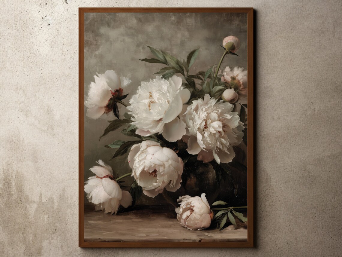 White Peonies Still Life Oil Painting Vintage Floral Art Poster