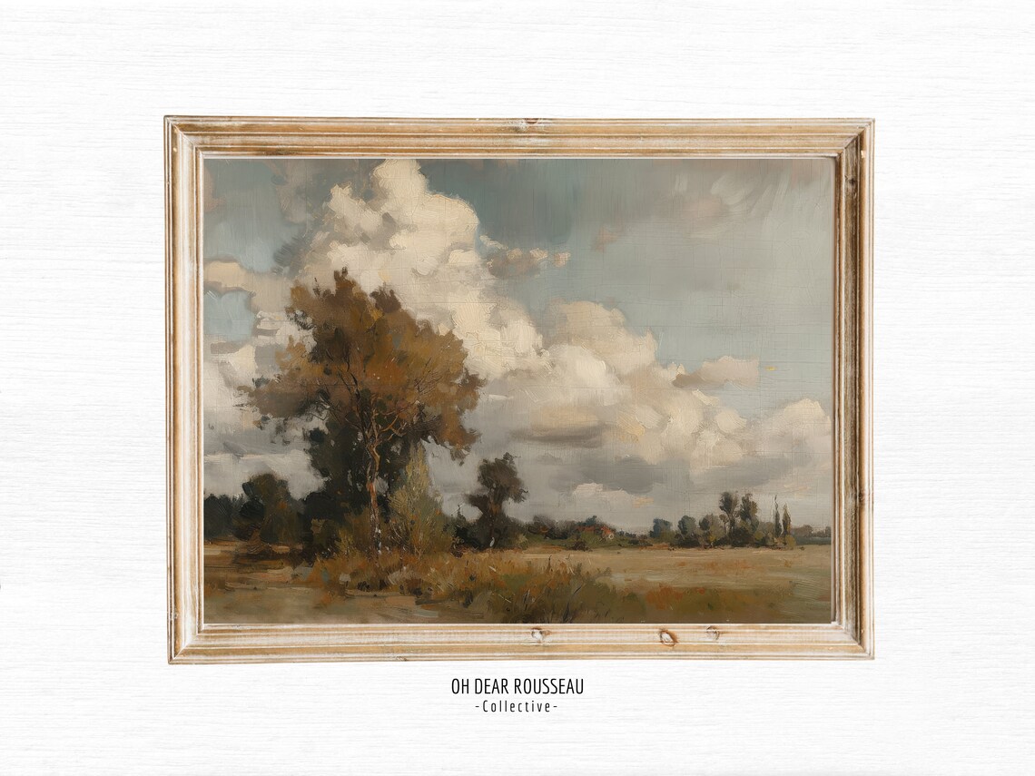 Vintage Countryside Field Oil Painting with Cloudy Sky Wall Art