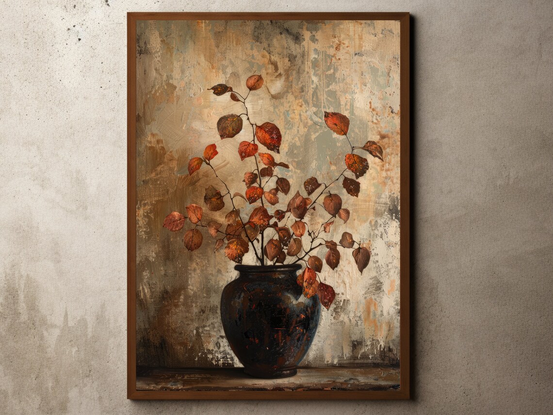 Vintage Flower Oil Painting Summer Autumn Leaves Neutral Muted Minimal Print Floral Wall Art Flowers Still Life Farmhouse Decor
