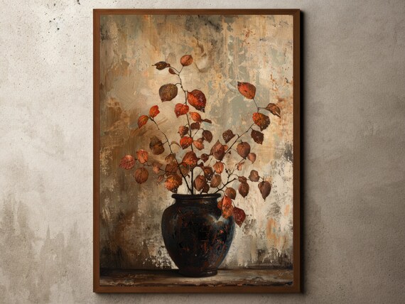 Autumn Leaves Dark Vase Vintage Still Life Rustic Oil Painting Poster