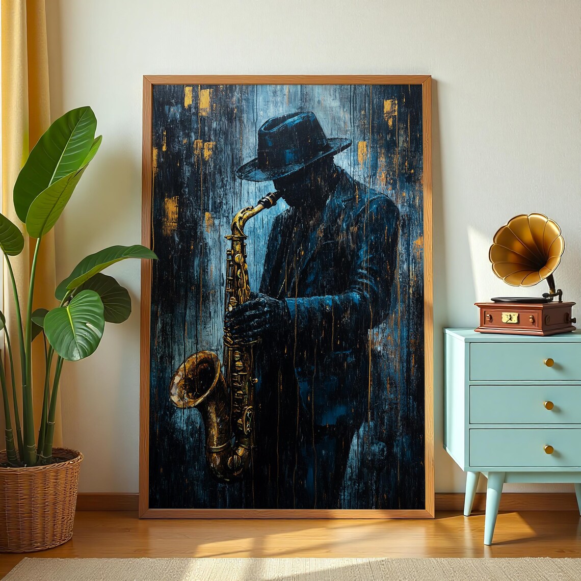 Moody Saxophonist in Blue and Gold Rainy Jazz Musician Poster - Image 3