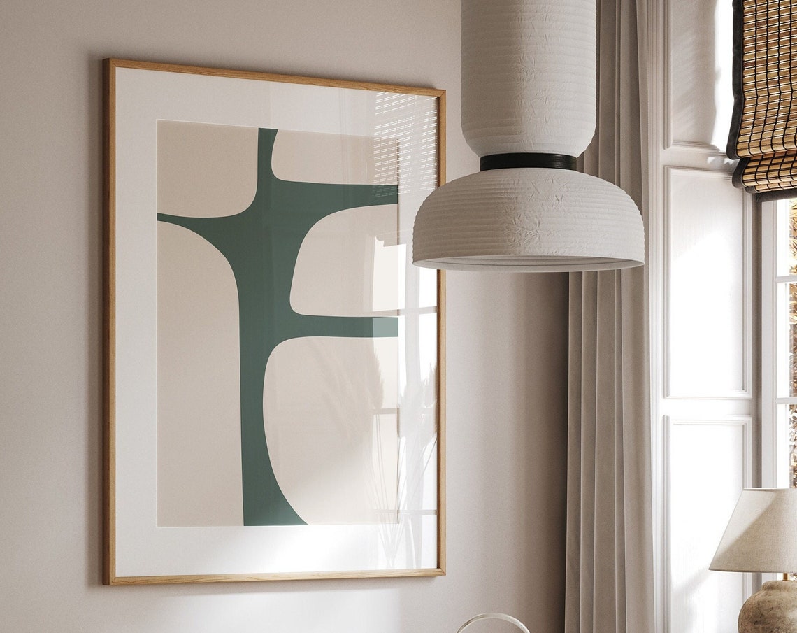 Green and Beige Midcentury Modern Abstract Organic Shape Poster - Image 3
