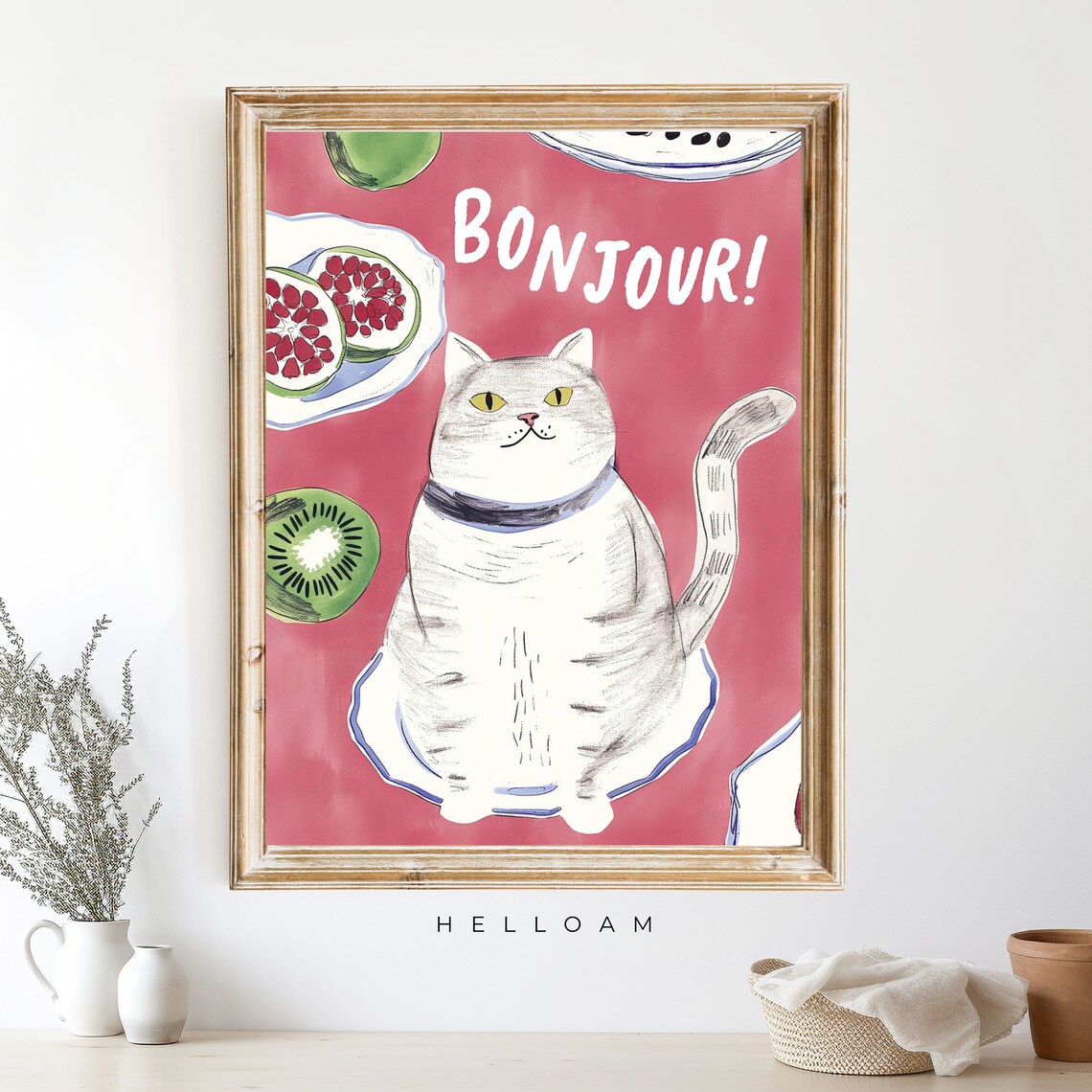 Bonjour White Cat Pink Background Fig Kiwi Cute French Kitchen Poster - Image 4