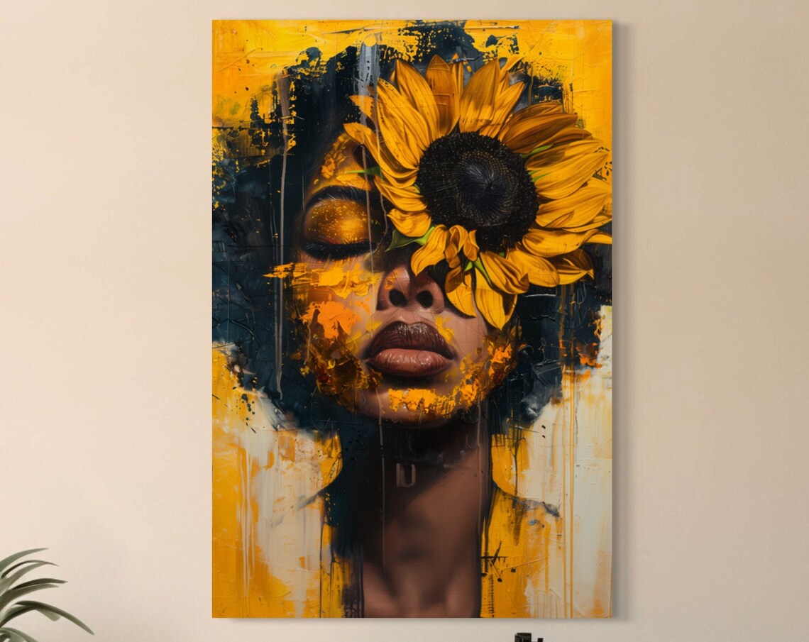 Woman Portrait with Sunflower Covering One Eye in Gold Tones Poster - Image 6