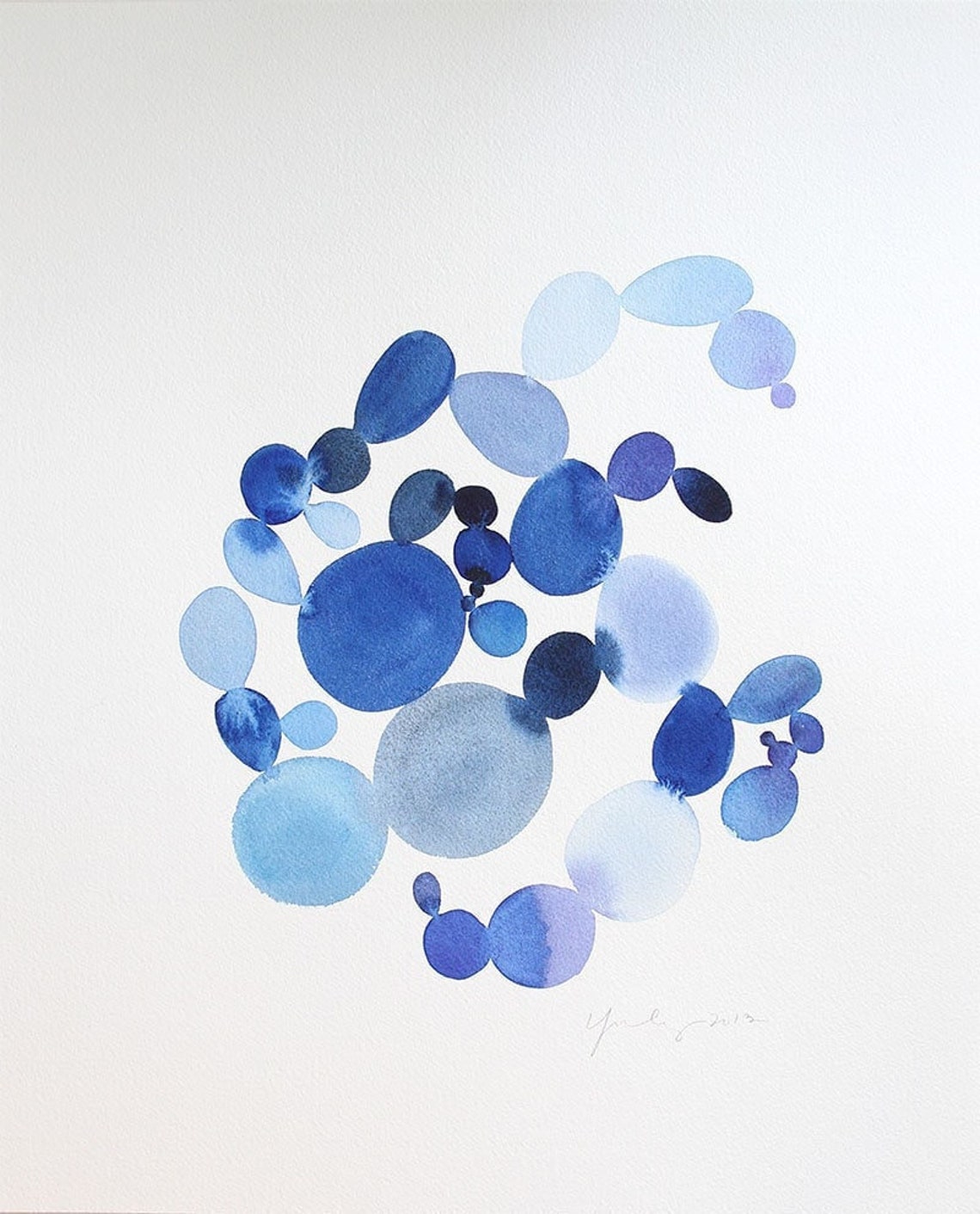 Abstract Blue Watercolor Dots Pebble Circle Modern Art Poster
