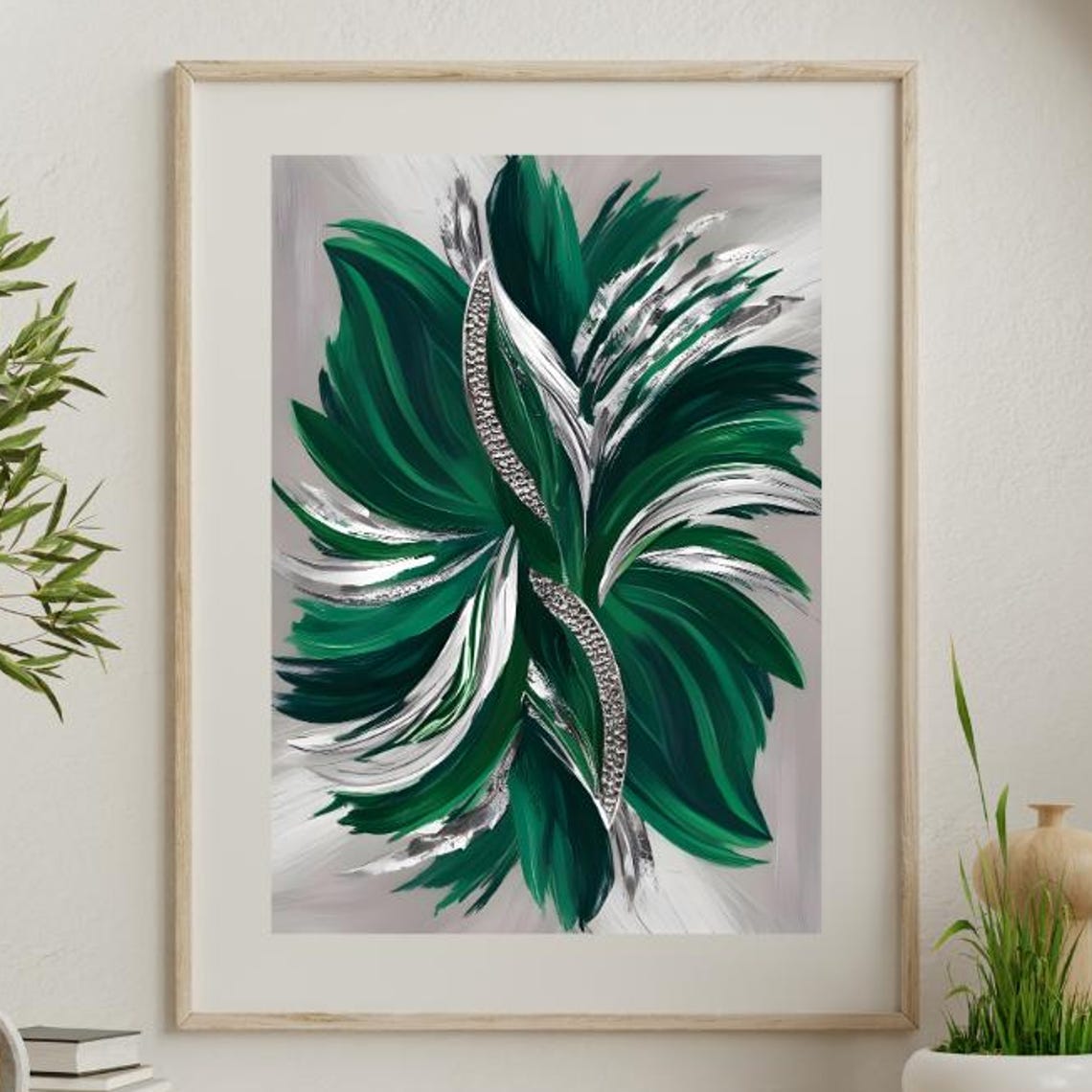 Emerald Green Silver Swirl Abstract Poster Modern Feather Artwork