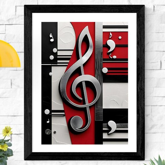 Modern Abstract Music Notes Poster Midcentury Wall Art Bold Geometric Shapes And Musical Symbols Red Silver Artwork Jazzinspired Decor
