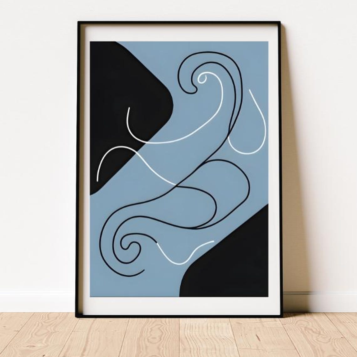 Mid Century Abstract Blue Black Swirl Motifs Minimalist Art Poster