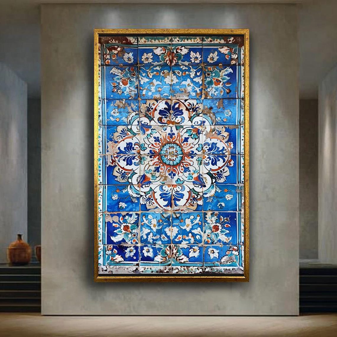 Ottoman Blue Vintage Iznik Style Ceramic Tile Floral Pattern Wall Art