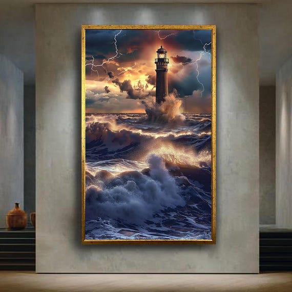 Stormy Lighthouse Ocean Canvas Wall Art Dramatic Waves And Lightning Seascape Print Nautical Coastal Decor For Home Or Office