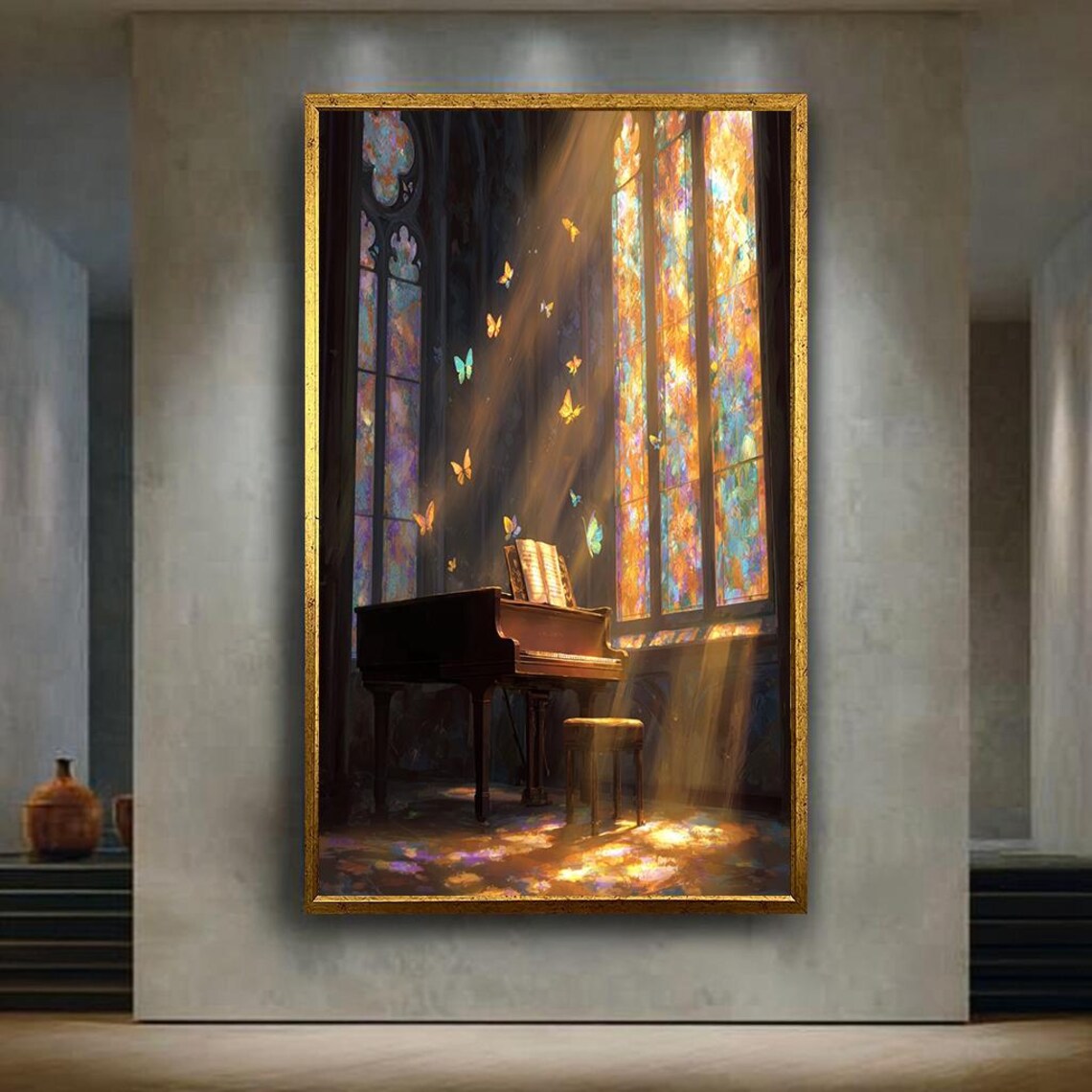 Upright Piano In Sunlit Cathedral Stained Glass Butterflies Poster