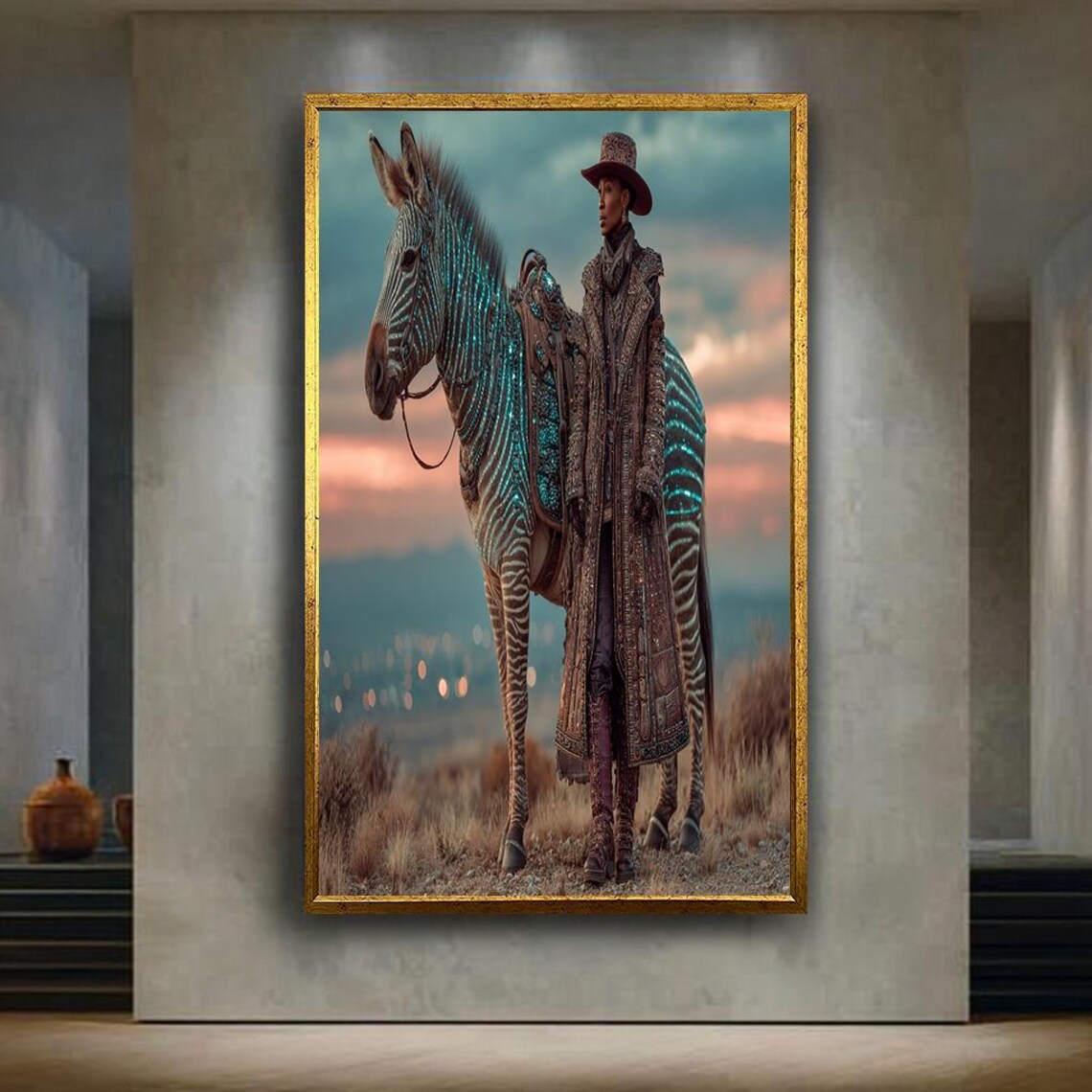 Sci Fi Cowboy Glowing Zebra Sunset Western Fantasy Art Poster