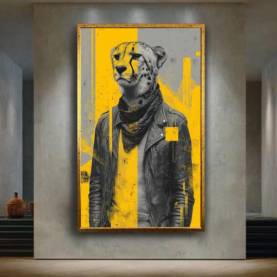 Modern Cheetah In Leather Jacket Wall Art Print Urban Yellow Abstract Animal Portrait Canvas For Trendy Street Style Home Decor