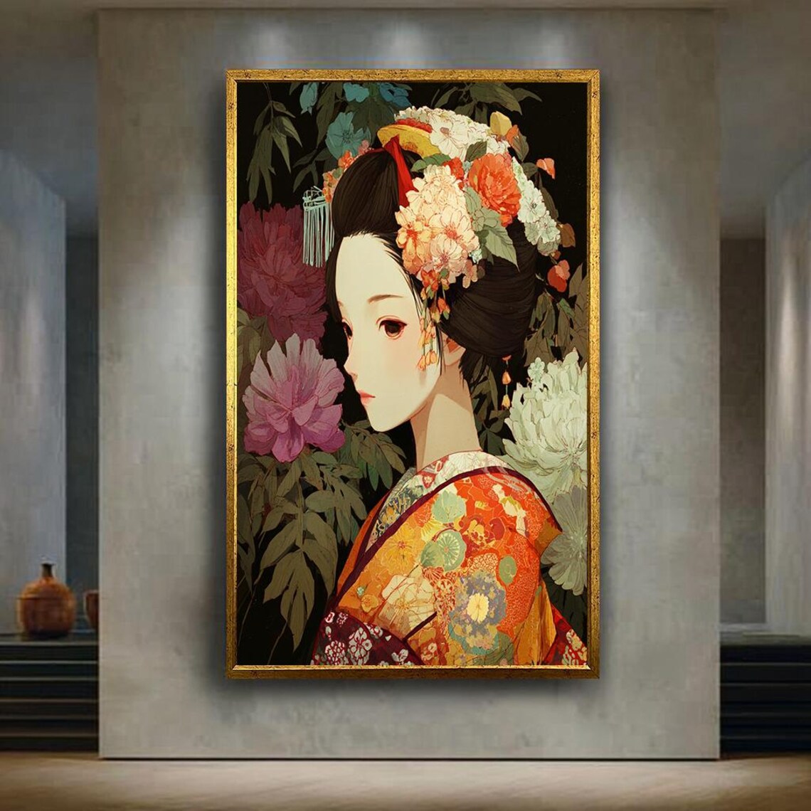 Floral Kimono Geisha Peony Blossoms Japanese Portrait Poster