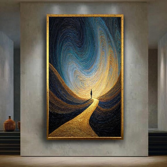 Golden Path Silhouette Figure Swirling Sky Abstract Textured Painting Starry Night Style Modern Wall Art Canvas Home Decor