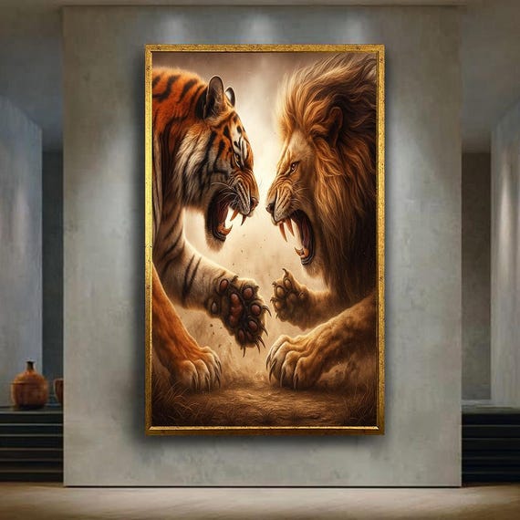Epic Tiger Vs Lion Wall Art Poster Wild Animal Clash Painting Jungle Power Artwork For Home Office Decor