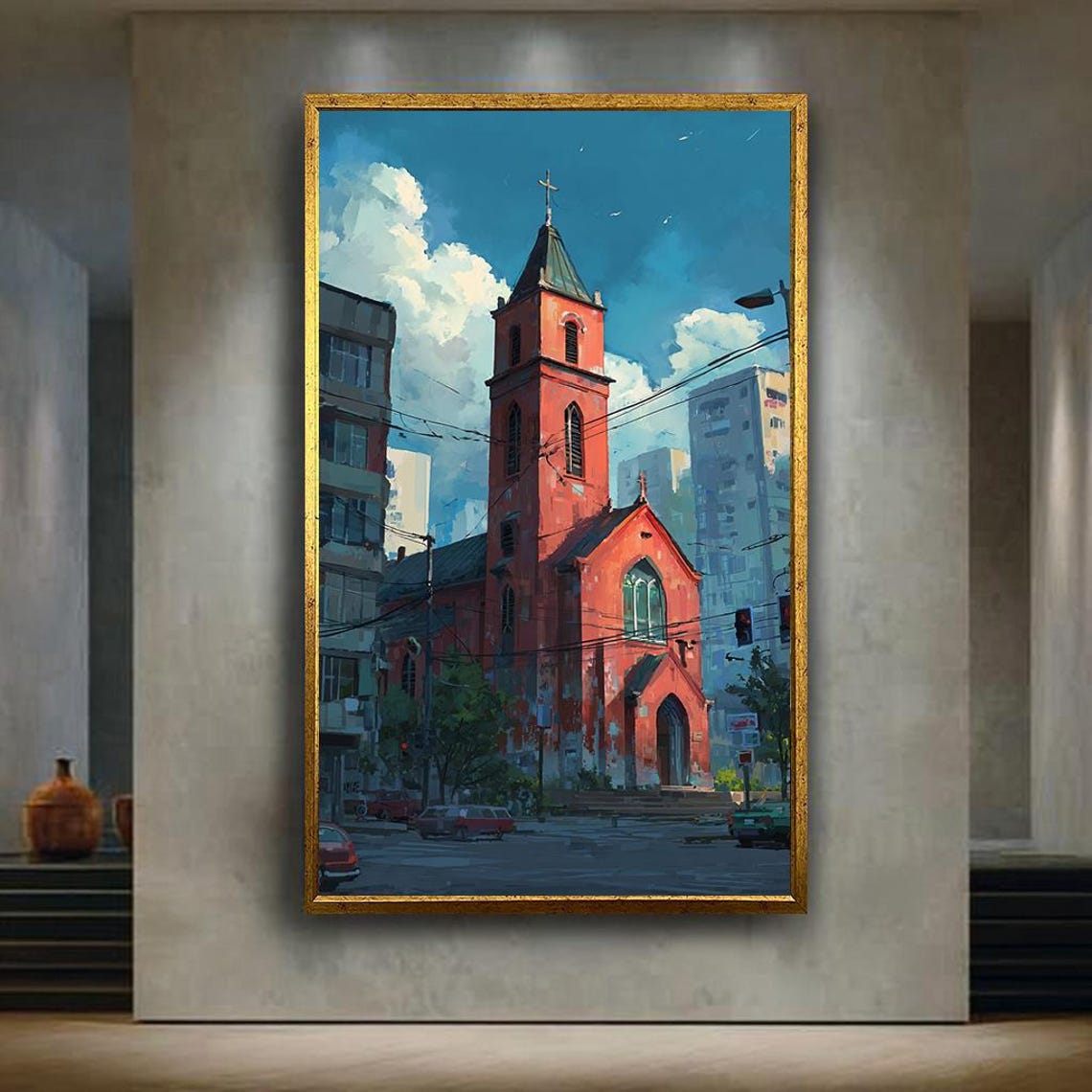 Red Brick Church City Street Painted Architectural Art Poster