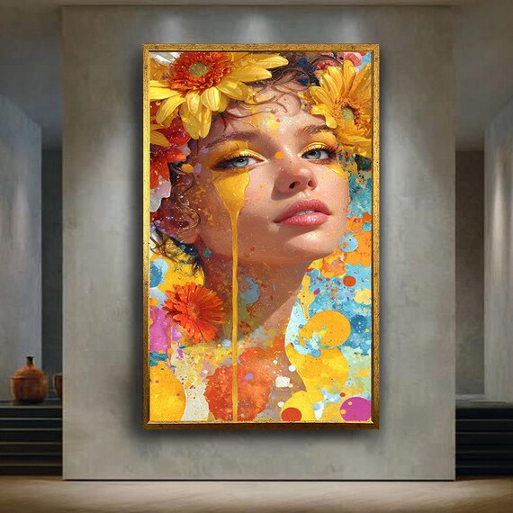 Colorful Woman Portrait Canvas Wall Art Bright Abstract Floral Face Painting Print Modern Pop Girl Decor For Home