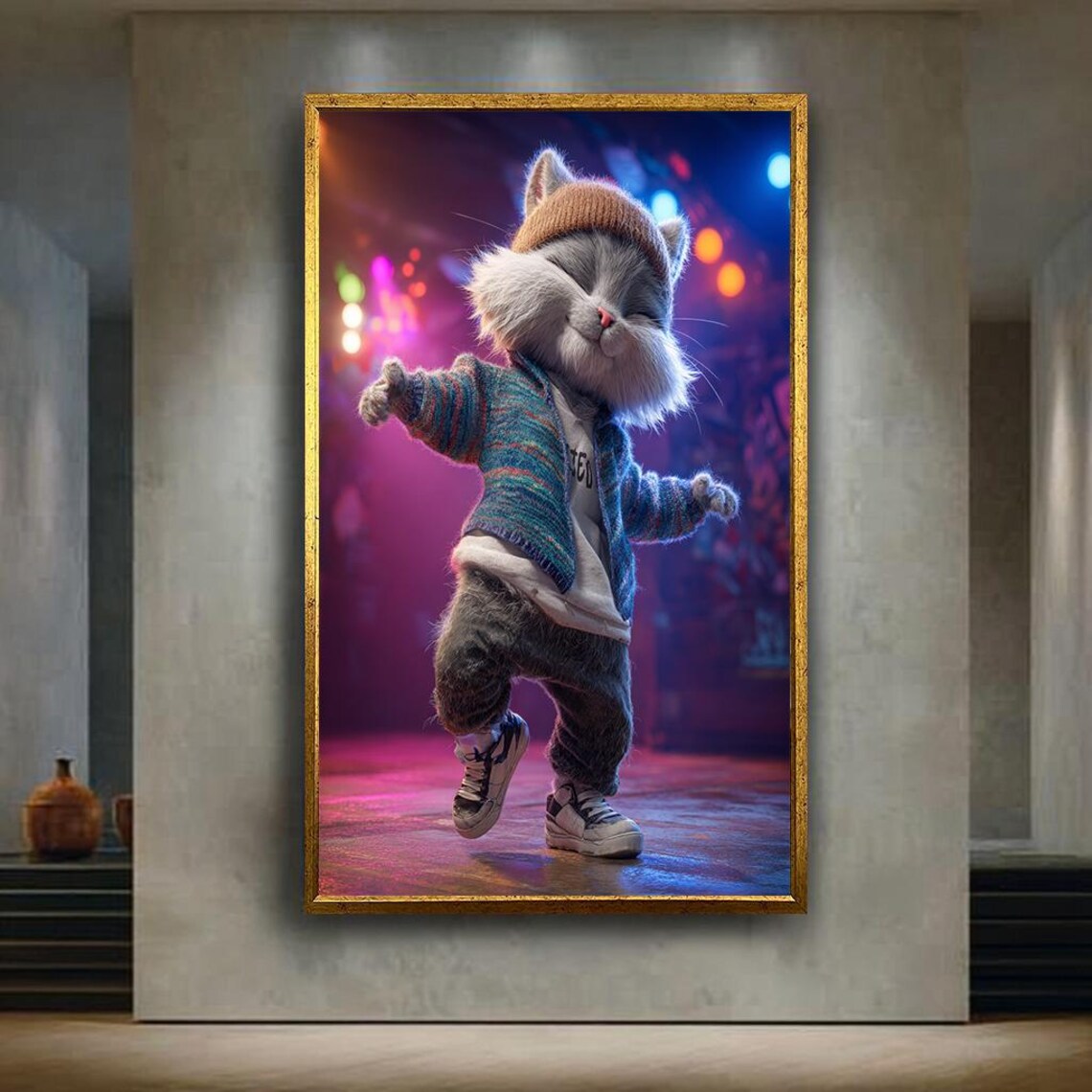 Cool Dancing Kitten Beanie Neon Stage Streetwear Groove Wall Art