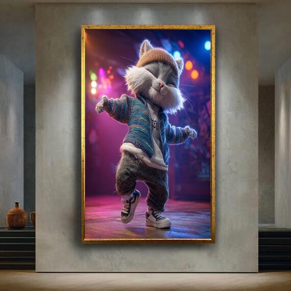 Cool Dancing Kitten Beanie Neon Stage Streetwear Groove Wall Art