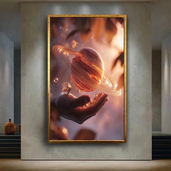 Saturn Fantasy Wall Art Print Cosmic Planet Floating In Hand Poster Surreal Space Artwork Astral Spiritual Decor