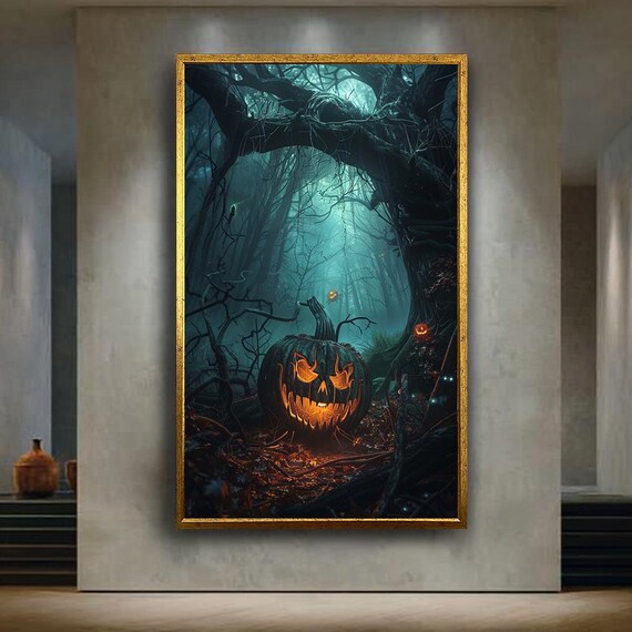 Creepy Jackolantern Canvas Wall Art In Haunted Forest Dark Halloween Pumpkin Print For Spooky Gothic Or Horror Room Decor