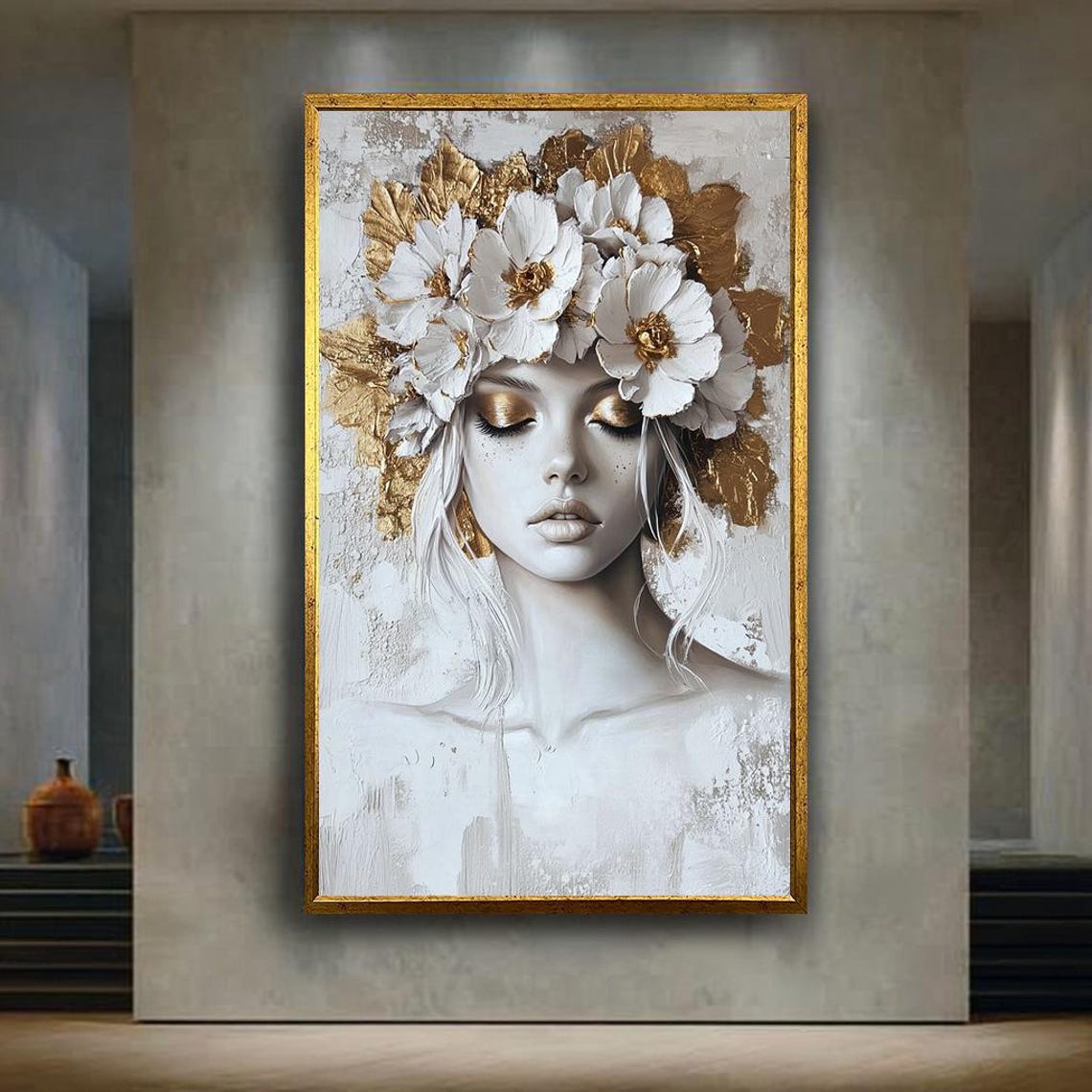 Woman with White Floral Crown Gold Accents Elegant Beauty Wall Art