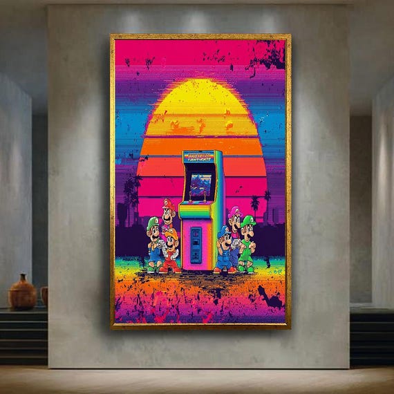 Retro Arcade Pixel Art Canvas Vaporwave Style 80s Gaming Poster With Neon Sunset Colorful Wall For Gamers And Nostalgia Lovers