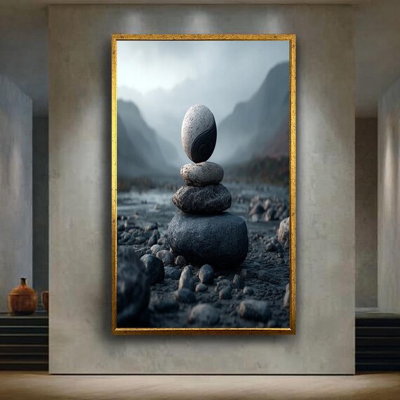 Yin Yang Zen Stone Wall Art Print Balanced Rocks In Mountain River Canvas Spiritual Nature Poster Tranquil Meditation Decor