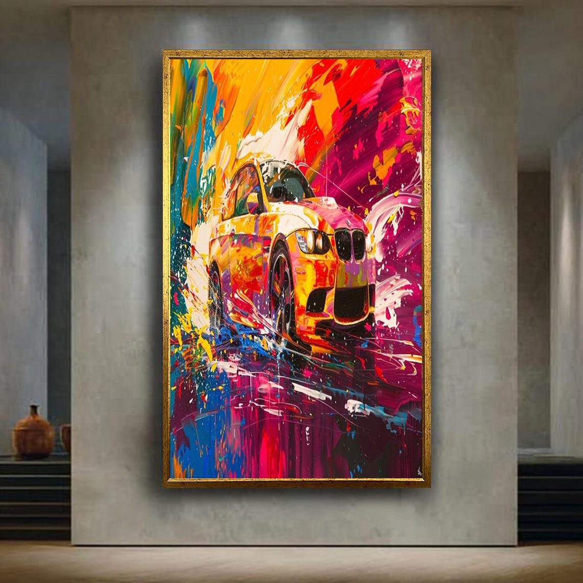 Vibrant Yellow Sports Car Abstract Paint Splash Modern Garage Poster