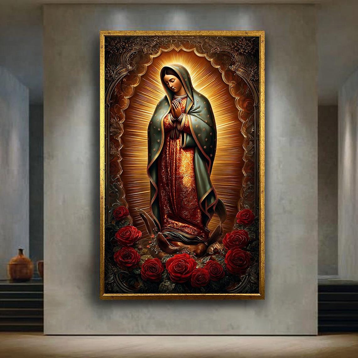 Our Lady of Guadalupe Golden Rays Red Roses Catholic Art Poster