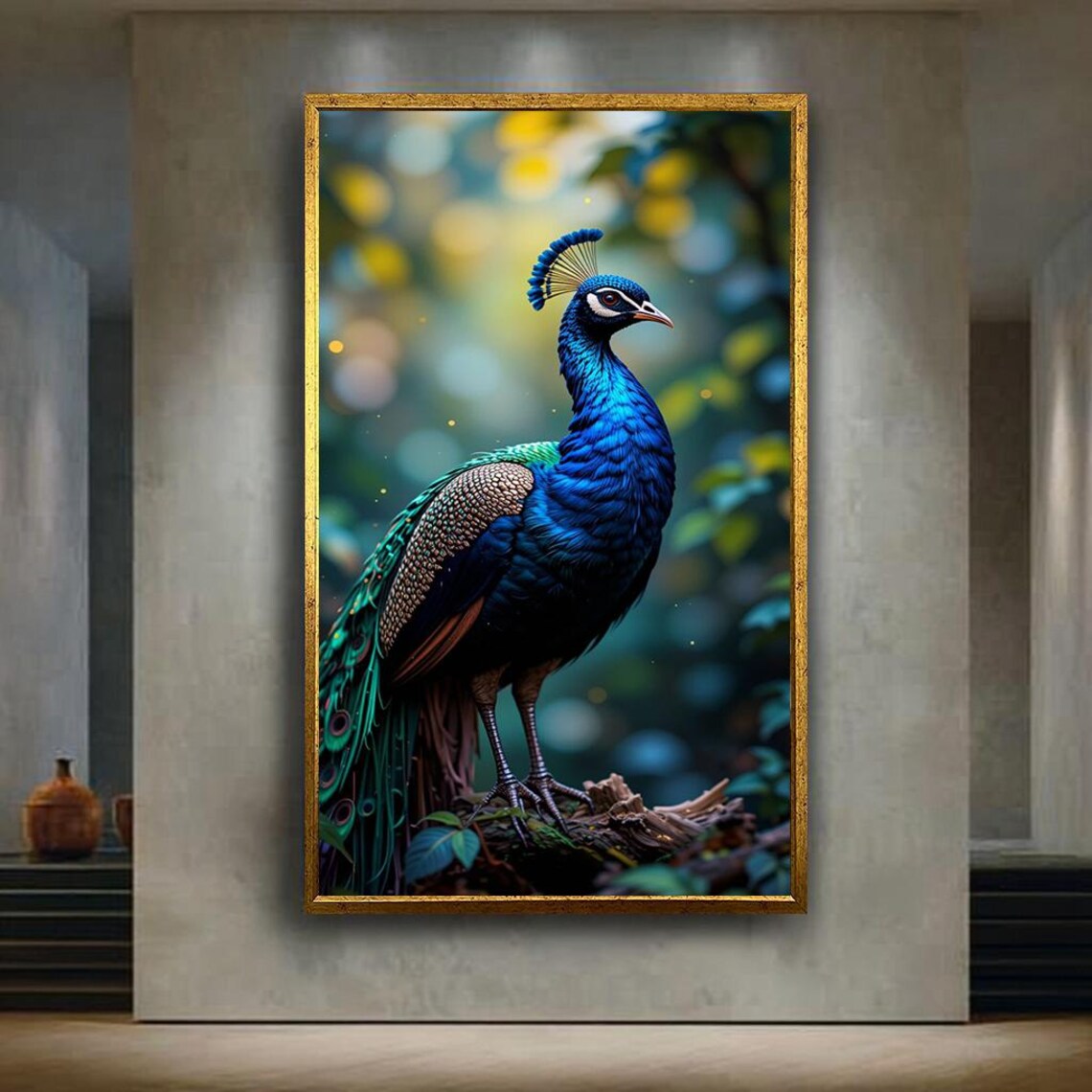 Elegant Peacock Portrait in Jungle Vivid Blue Bird Wildlife Art Poster