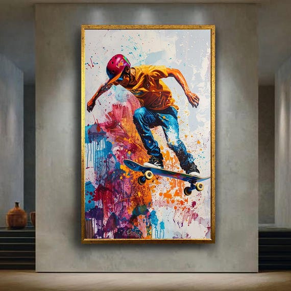 Vibrant Skateboarder Canvas Wall Art With Color Splash Background Urban Street Sports Print For Cool Teen Or Game Room Decor
