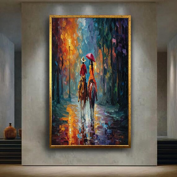 Romantic Couple Horseback Riding In Rainy Forest Oil Painting Colorful Abstract Art Print Western Wall Decor For Home