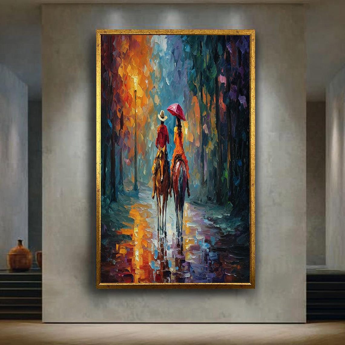 Romantic Couple Horseback Riding In Rainy Forest Abstract Art Poster