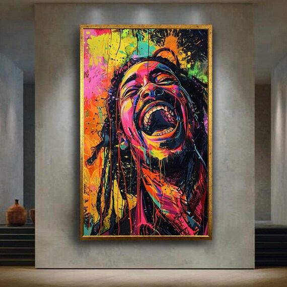 Laughing Man Pop Art Portrait Vibrant Neon Graffiti Splash Style Poster