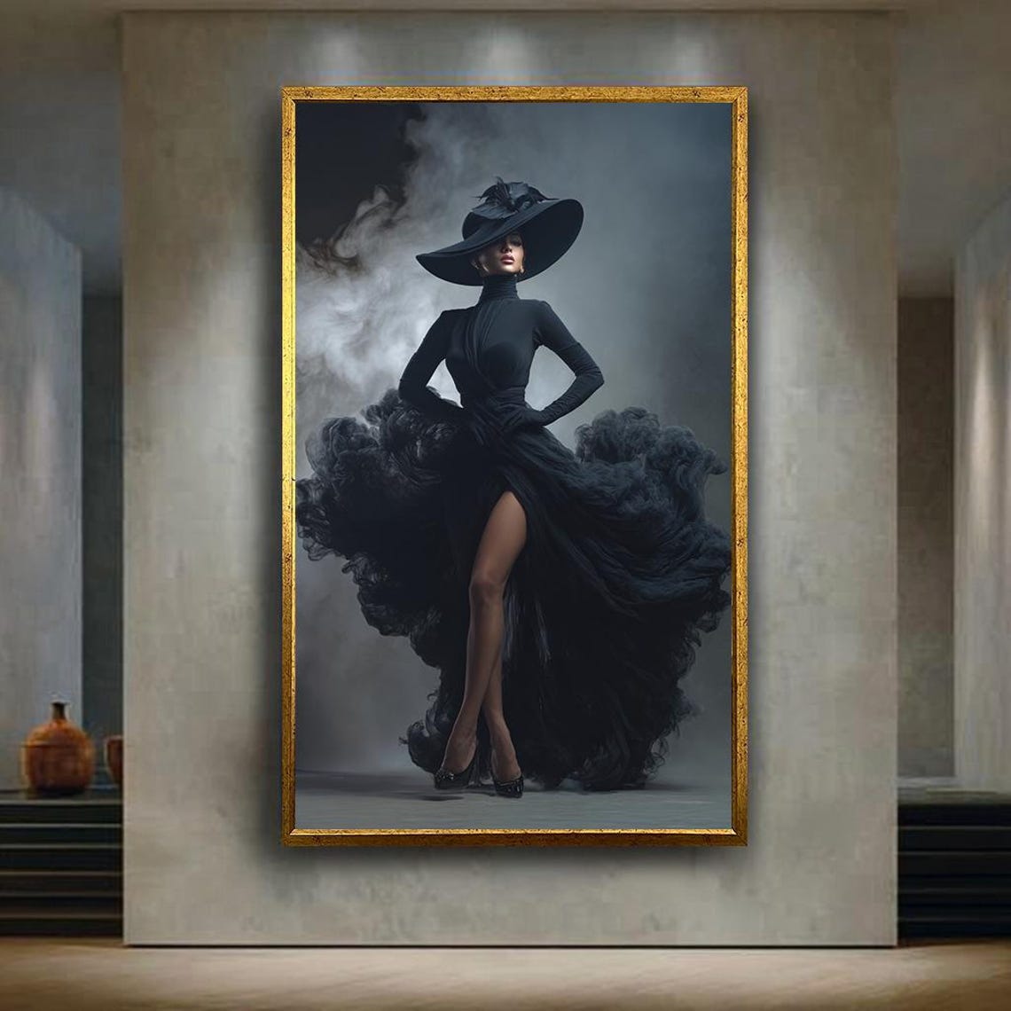 Elegant Woman In Black Dress And Wide Brim Hat Canvas Wall Art Dramatic High Fashion Portrait Photography For Luxury Home Decor