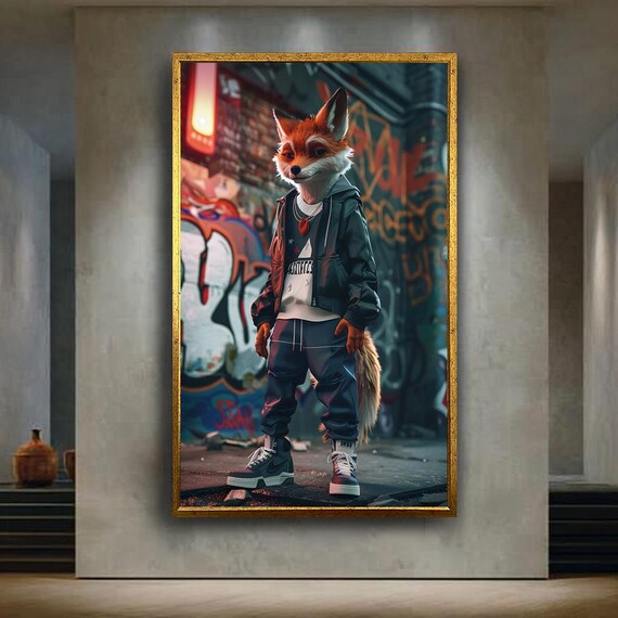Cool Fox Streetwear Canvas Wall Art Urban Anthropomorphic Animal Print With Graffiti Hip Hop Style Poster For Modern Decor