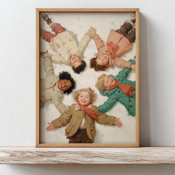Vintage Style Winter Nursery Print Kids Making Snow Angels Wall Art Nostalgic Christmas Home Decor Playroom Poster