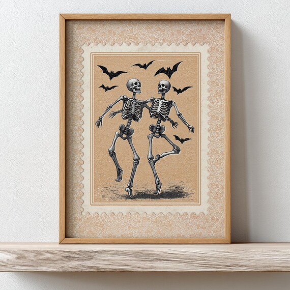 Vintage Dancing Skeletons Stamp Print Retro Halloween Wall Art Cute Autumn Neutral Beige Spooky Fall Decor