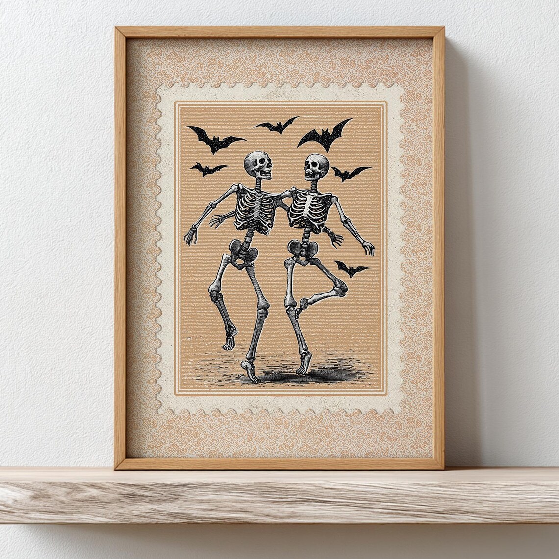 Vintage Dancing Skeletons Stamp Print Retro Halloween Wall Art Cute Autumn Neutral Beige Spooky Fall Decor