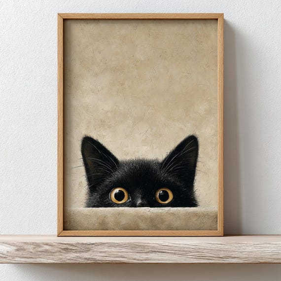 Peeking Black Cat Print Cute Kitty Wall Art Playful Halloween Nursery Whimsical Pet Painting Spooky Season Home Decor