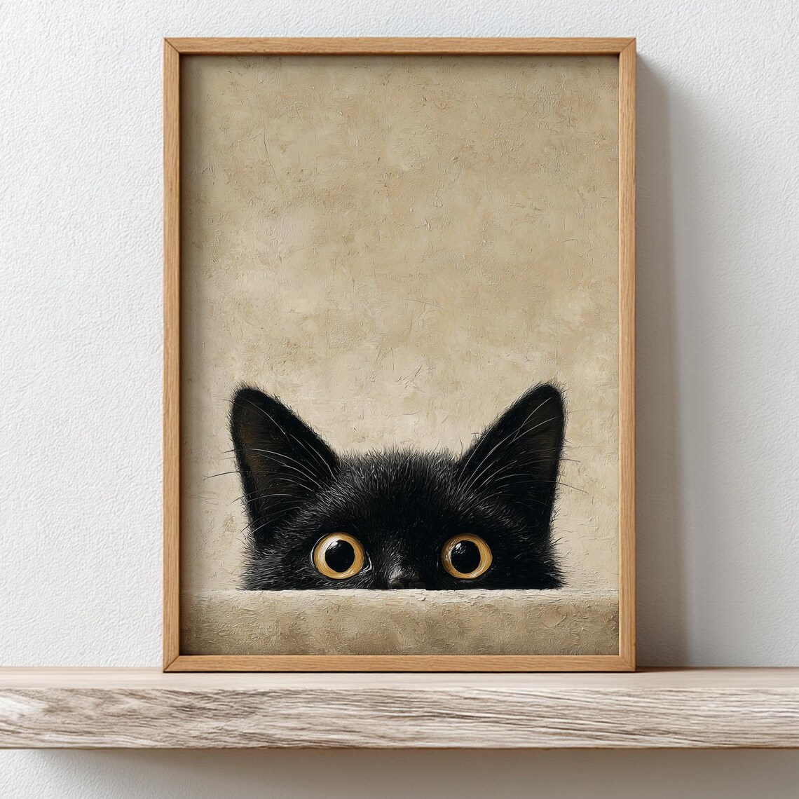 Peeking Black Cat with Golden Eyes Playful Whimsical Cat Print