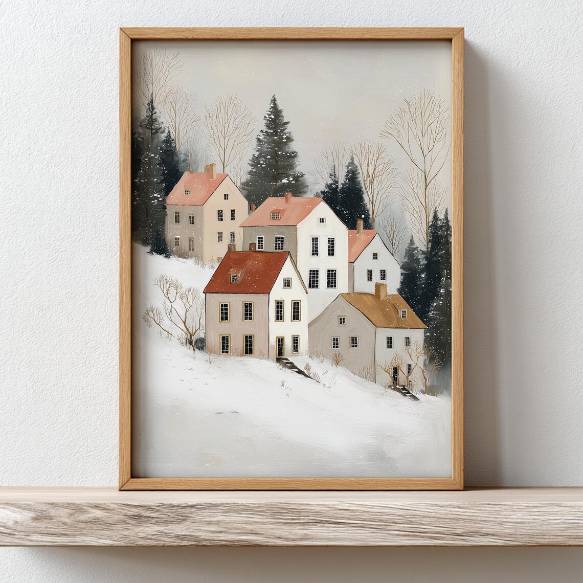 Cozy Winter Village Print Vintage Snowy Houses Wall Art Rustic Holiday Home Decor European Farmhouse Christmas Landscape Scene