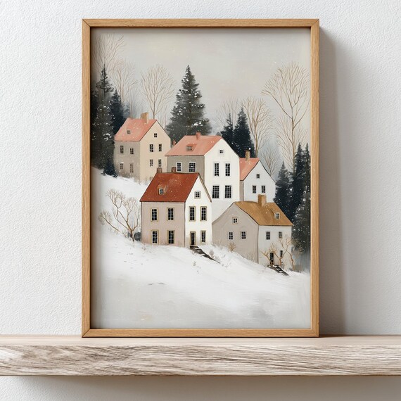 Snowy Scandinavian Village Houses in Winter Wonderland Poster