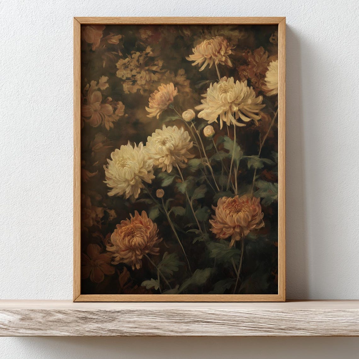 Muted Fall Floral Art Print Vintage Chrysanthemum Wall Moody Decor Rustic Autumn Botanical Painting Home